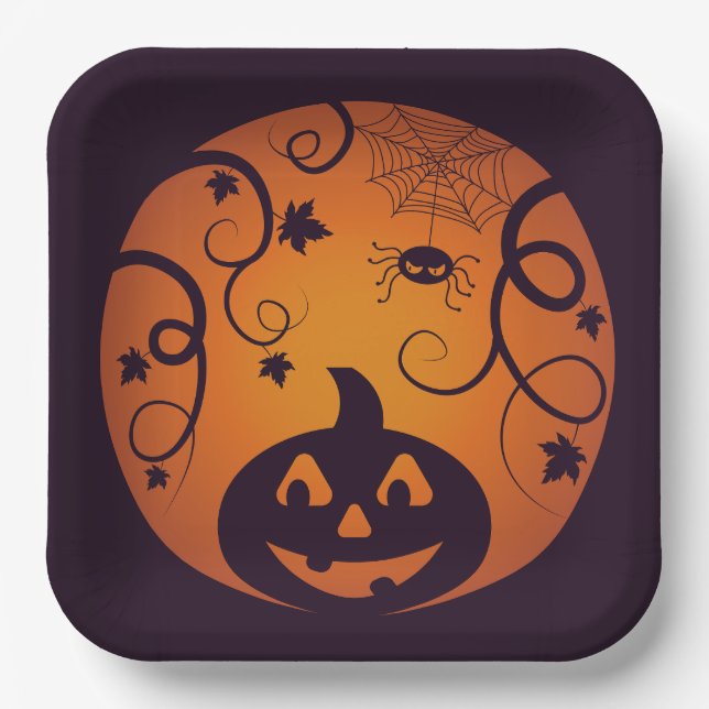Halloween Jack o lantern pumpkin face and spider Paper Plates (Front)