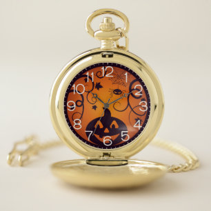 Halloween Jack o lantern pumpkin face and spider Pocket Watch