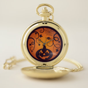 Halloween Jack o lantern pumpkin face and spider Pocket Watch