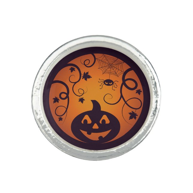 Halloween Jack o lantern pumpkin face and spider Ring (Front)