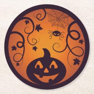 Halloween Jack o lantern pumpkin face and spider Round Paper Coaster