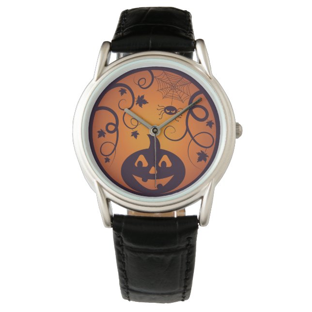 Halloween Jack o lantern pumpkin face and spider Watch (Front)