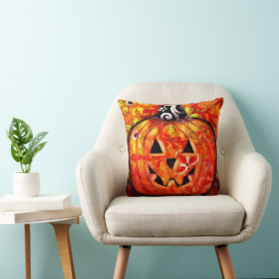 Halloween Jack O Lantern Pumpkin Floral Seasonal Throw Pillow