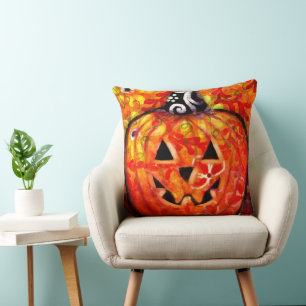 Halloween Jack O Lantern Pumpkin Floral Seasonal Throw Pillow