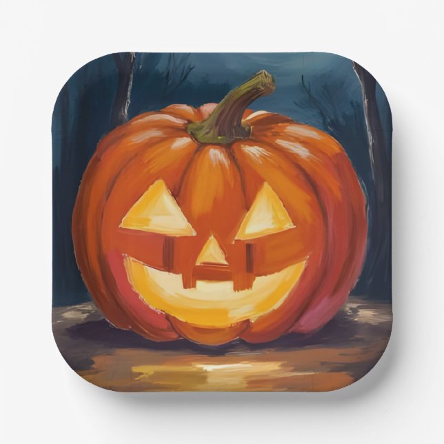 Halloween Jack-O-Lantern Pumpkin Paper Plates (Front)