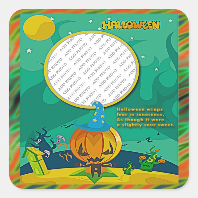 Halloween Jack o' Lantern Wizard Add Photo Frame Square Sticker (Front)