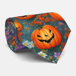 Halloween Jack-o'-lanterns And Purple Flowers Neck Tie