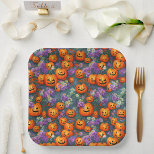 Halloween Jack-o'-lanterns And Purple Flowers Paper Plates