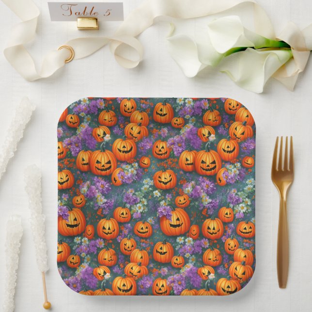 Halloween Jack-o'-lanterns And Purple Flowers Paper Plates (Wedding)