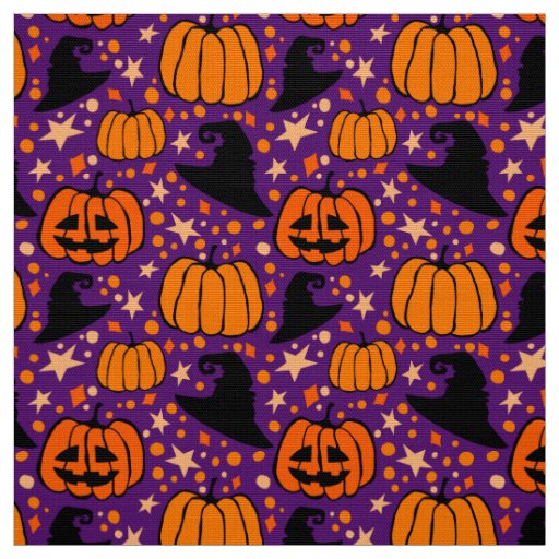 Halloween Jack O'Lantern And Witch Hat Purple  Fabric