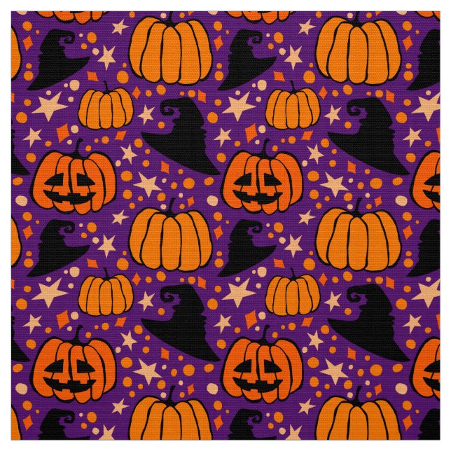 Halloween Jack O'Lantern And Witch Hat Purple  Fabric (Swatch)