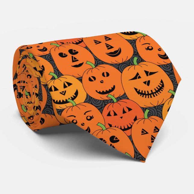 Halloween Jack o'lantern Orange Pumpkin Pattern Neck Tie (Rolled)