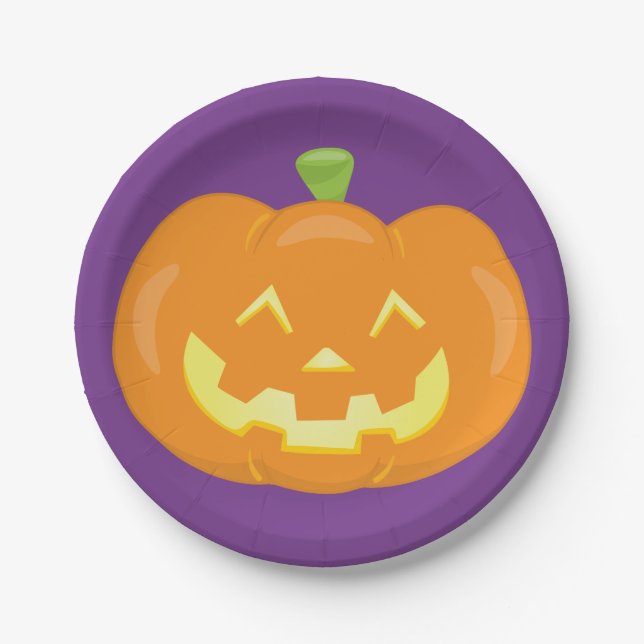 Halloween Jack O'Lantern Pumpkin Purple Orange Paper Plates (Front)