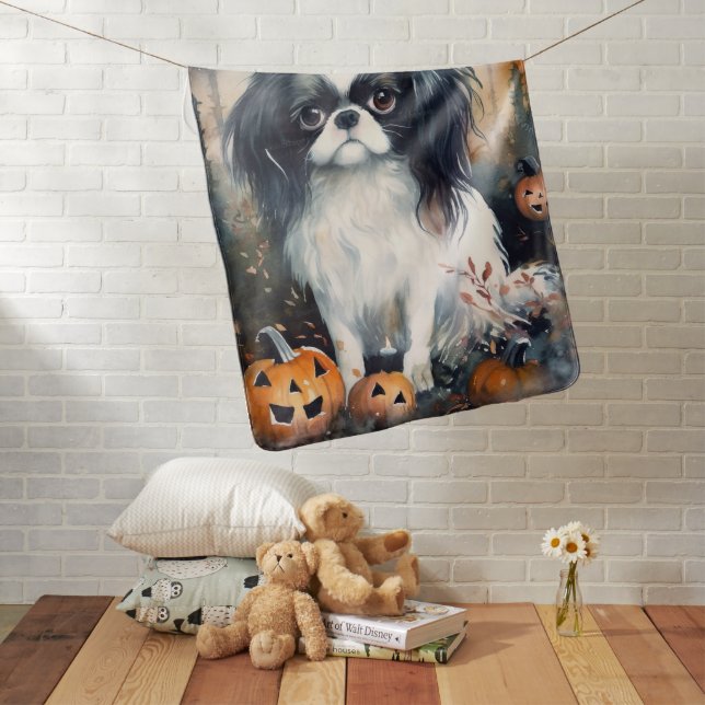 Halloween Japanese Chin With Pumpkins Scary Baby Blanket (In Situ)