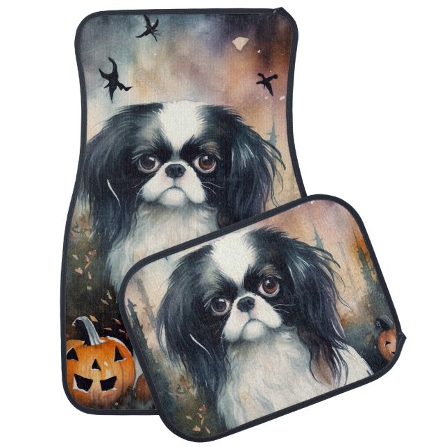 Halloween Japanese Chin With Pumpkins Scary Car Floor Mat (Set)