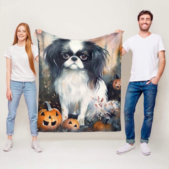 Halloween Japanese Chin With Pumpkins Scary Fleece Blanket (In Situ)