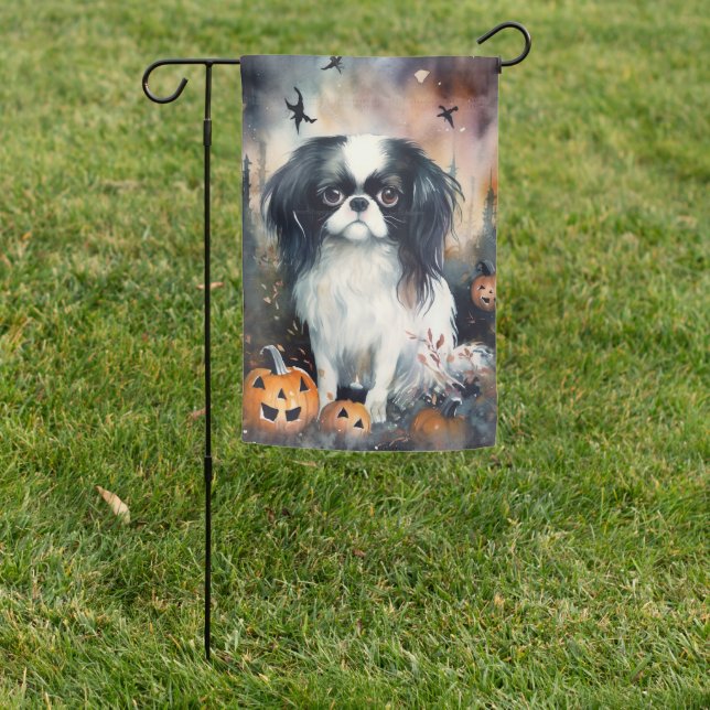 Halloween Japanese Chin With Pumpkins Scary Garden Flag (In SItu)