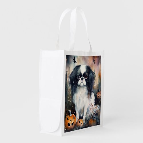 Halloween Japanese Chin With Pumpkins Scary Grocery Bag
