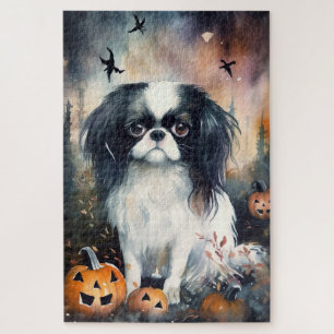 Halloween Japanese Chin With Pumpkins Scary Jigsaw Puzzle