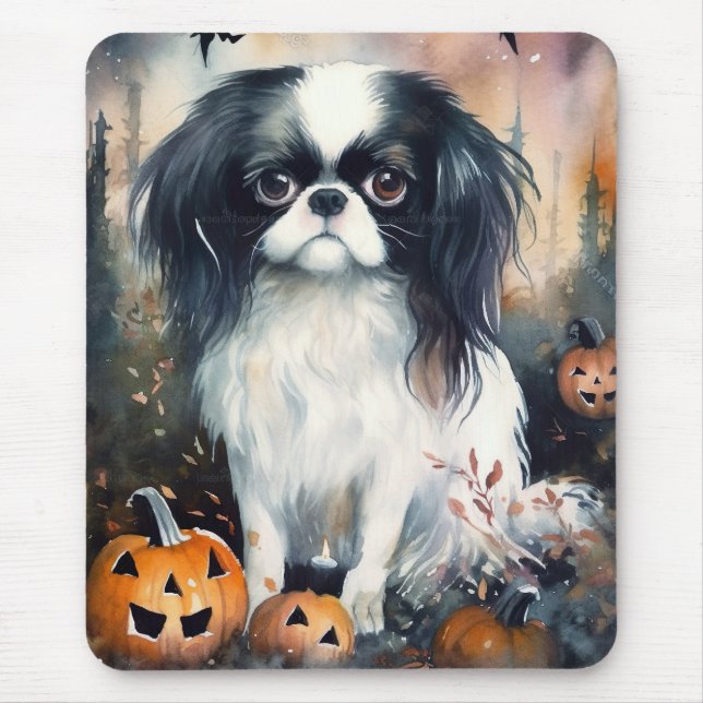 Halloween Japanese Chin With Pumpkins Scary Mouse Pad (Front)