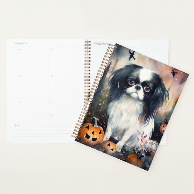 Halloween Japanese Chin With Pumpkins Scary Planner (Display)