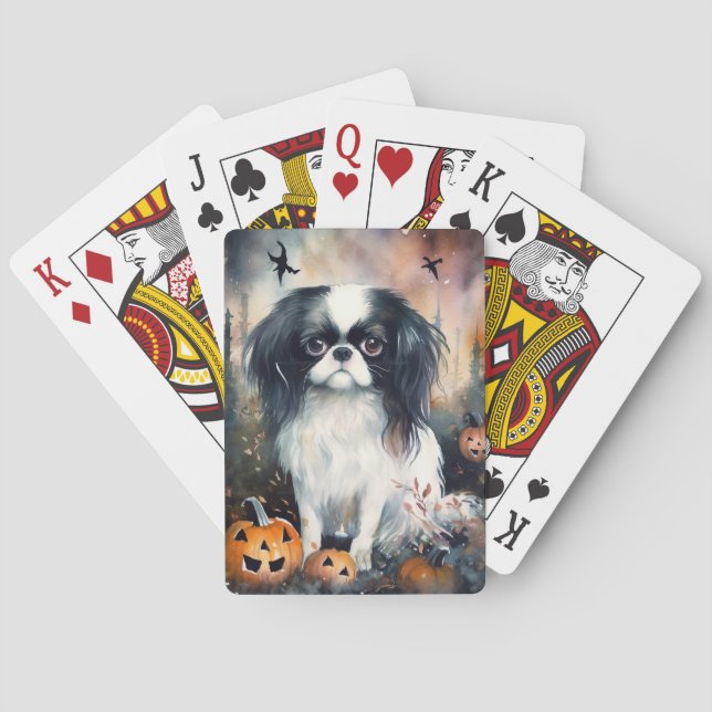 Halloween Japanese Chin With Pumpkins Scary Poker Cards (Back)