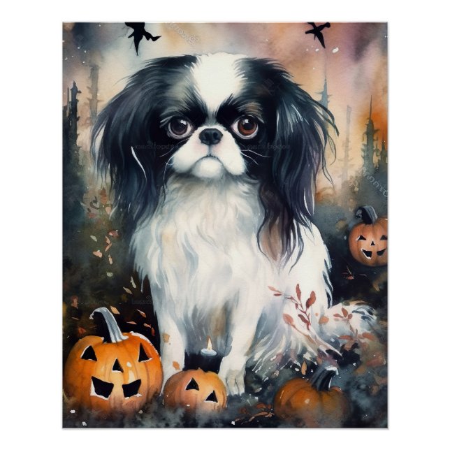 Halloween Japanese Chin With Pumpkins Scary Poster (Front)
