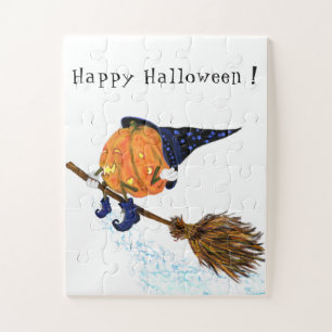 Halloween Jigsaw Puzzle Witch Pumpkin Flying Broom