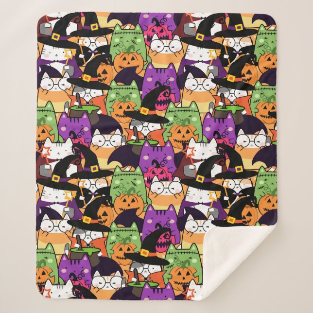 Halloween Kawaii Cat Pattern  Sherpa Blanket (Front)