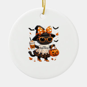 Halloween Kawaii Cat � Witch Cat with Pumpkin and  Ceramic Ornament