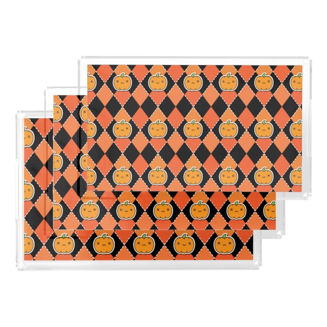 Halloween Kawaii Jack-o-lantern Argyle Acrylic Tray (Set)