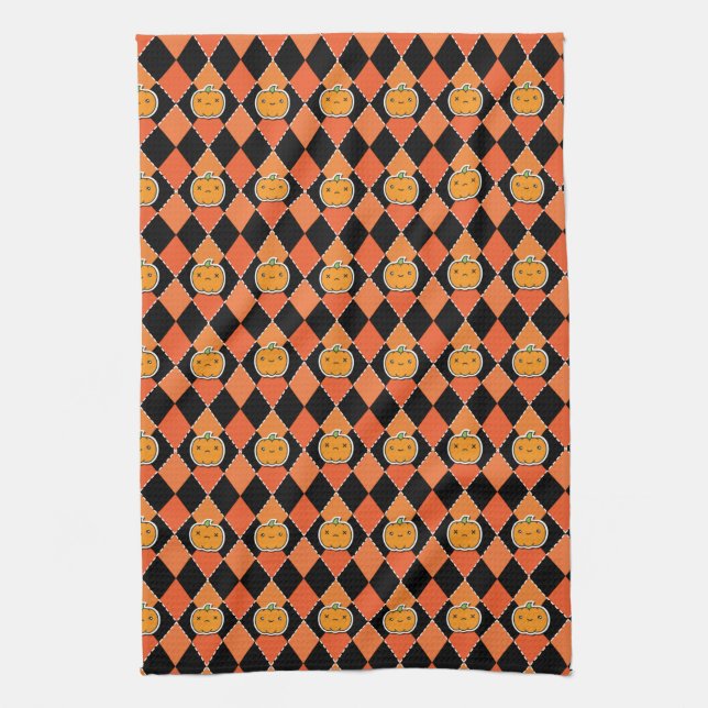 Halloween Kawaii Jack-o-lantern Argyle Kitchen Towel (Vertical)