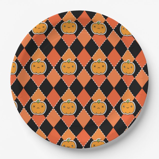 Halloween Kawaii Jack-o-lantern Argyle Paper Plates (Front)