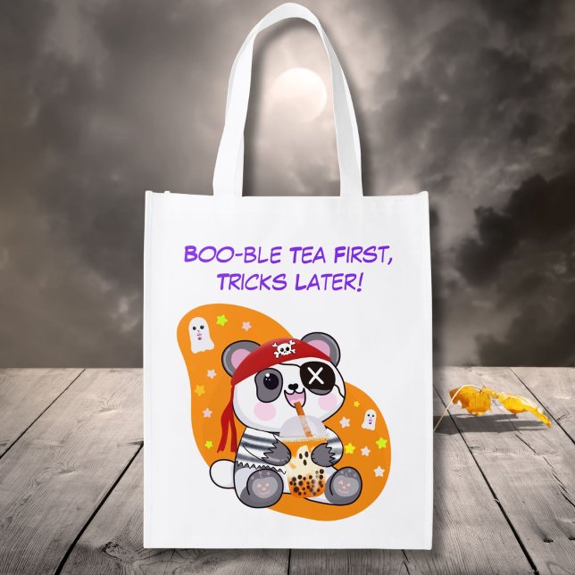 Halloween Kawaii Pirate Panda Drinking Boba Tea Grocery Bag (Creator Uploaded)