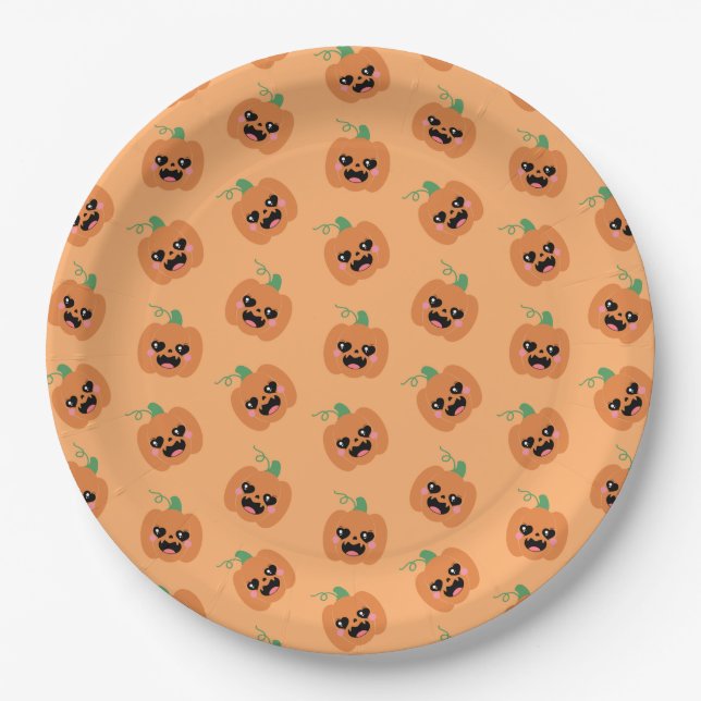 Halloween Kawaii Pumpkins Pattern Paper Plates (Front)