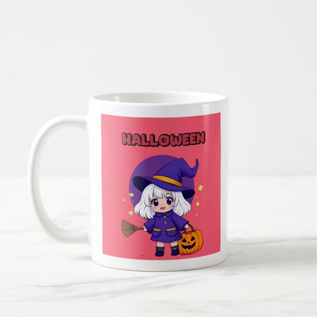 Halloween Kawaii Witch Mug – White Hair Broom 11oz (Left)