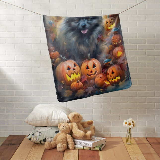 Halloween Keeshond With Pumpkins Scary Baby Blanket (In Situ)