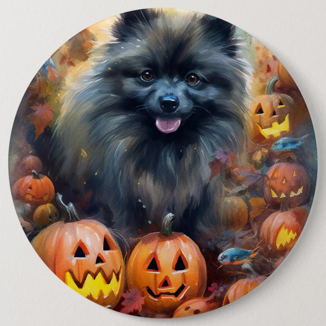 Halloween Keeshond With Pumpkins Scary Button (Front)