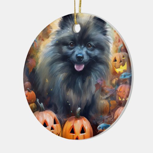 Halloween Keeshond With Pumpkins Scary Ceramic Ornament