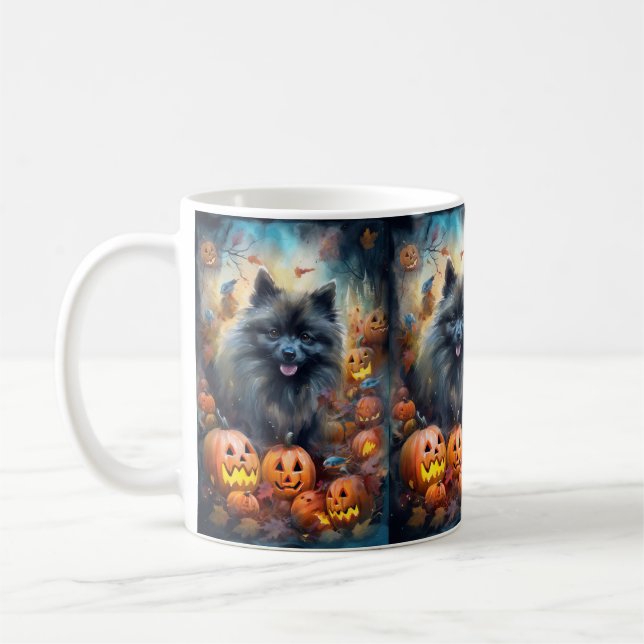 Halloween Keeshond With Pumpkins Scary Coffee Mug (Left)