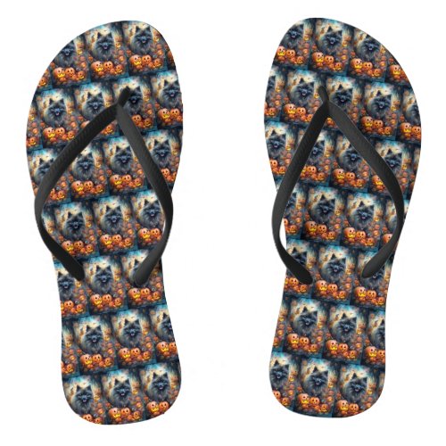 Halloween Keeshond With Pumpkins Scary Flip Flops