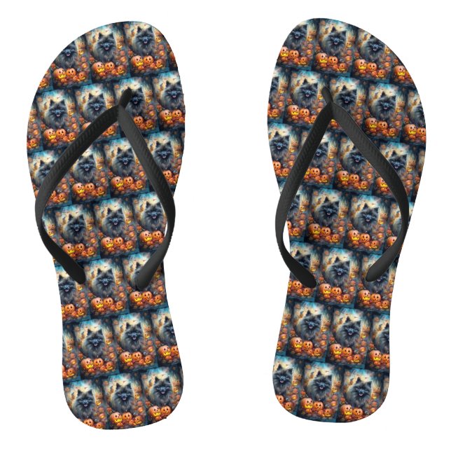 Halloween Keeshond With Pumpkins Scary Flip Flops (Footbed)