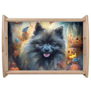 Halloween Keeshond With Pumpkins Scary Serving Tray
