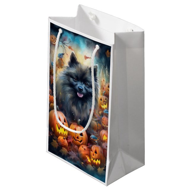 Halloween Keeshond With Pumpkins Scary Small Gift Bag (Front Angled)