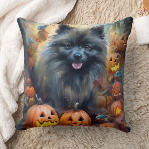 Halloween Keeshond With Pumpkins Scary Throw Pillow