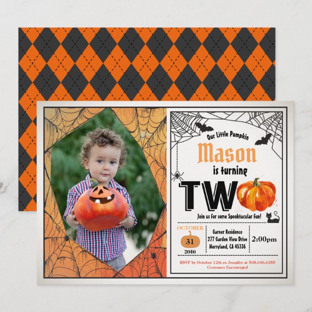 Halloween kid 2nd birthday party photo invitation (Front/Back)
