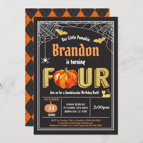 Halloween kids 4th birthday invitation Black gold Invitation