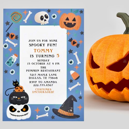 Halloween Kids Birthday Party Blue Spooky Fun Holiday Card