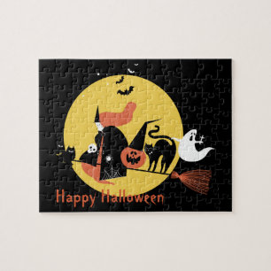 Halloween Kids Black Scary Cartoon Moon Witch Cute Jigsaw Puzzle