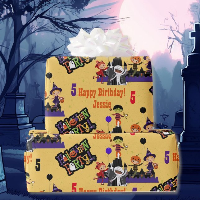 Halloween Kids Name Child's Birthday Personalize Wrapping Paper (30 inches wide available in 5 lengths)